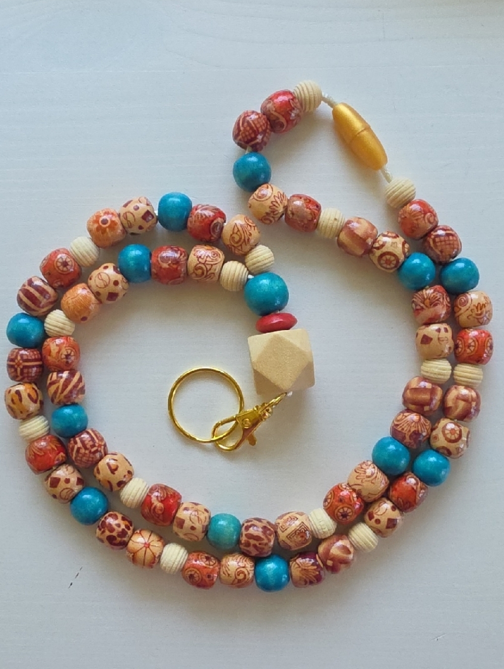 Handmade Wooden Beaded Lanyard with Gold Key Ring